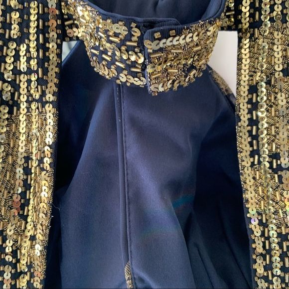 BETSEY & ADAM Open Back Cut Out Dress Blue Gold Size 2 - Picture 9 of 15